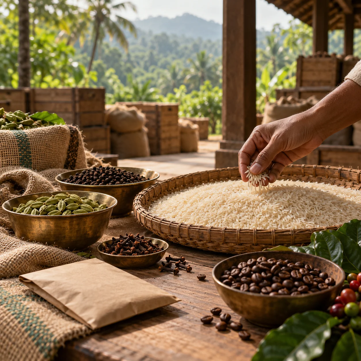 Rice, spices and coffee samples on a sourcing table with plantation greenery