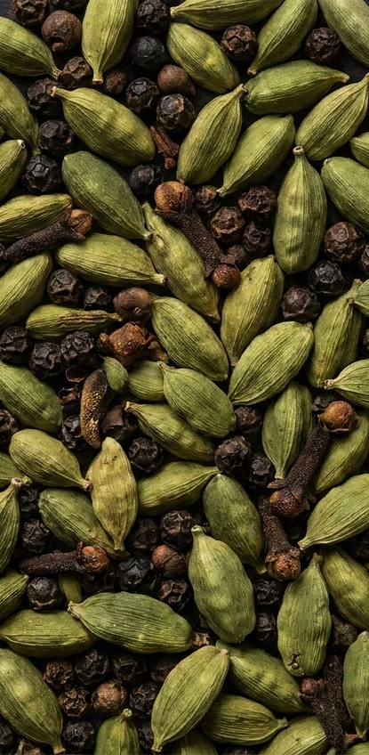Green cardamom pods, black pepper and cloves