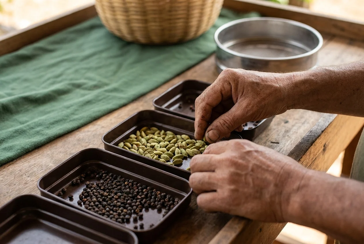 Illustrative product inspection: hands checking cardamom and pepper samples on a grading table